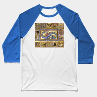 MEDIEVAL BESTIARY,SCITALIS LEGENDARY SERPENT, FANTASTIC ANIMALS IN GOLD RED BLUE COLORS Baseball T-Shirt